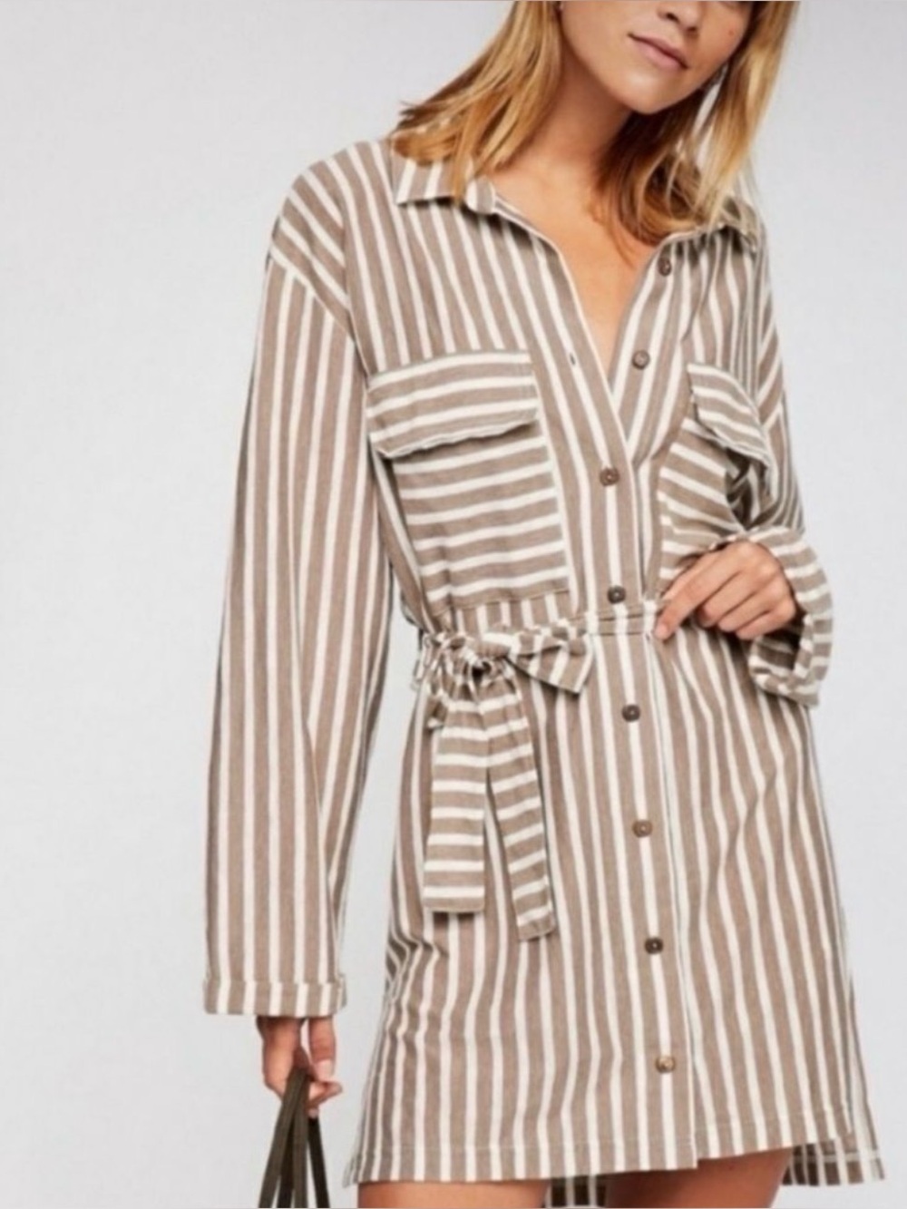 Free People Beach Striped Tan Brown and White Crossroads Tunic Dress XS NWOT